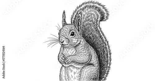 Intricate engraving style squirrel artwork on white background