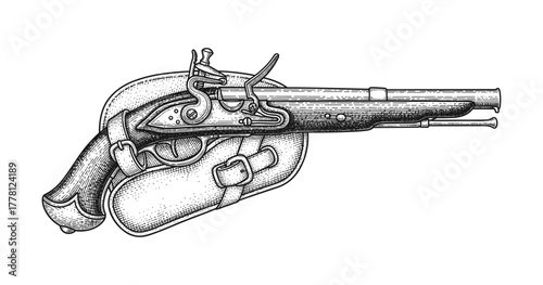 Vintage flintlock pistol in detailed engraving with leather holster