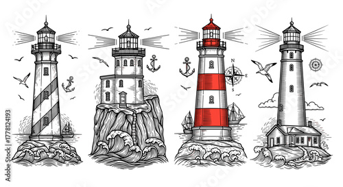 Four lighthouses with different designs standing on rocks surrounded by waves