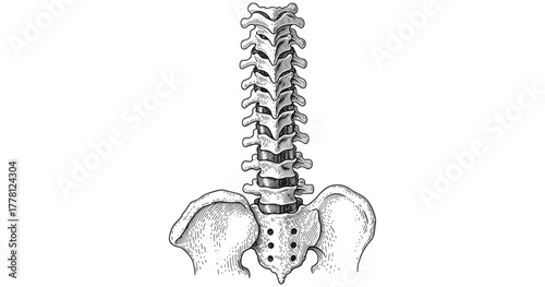Detailed anatomical drawing of human spine and pelvis in vintage style