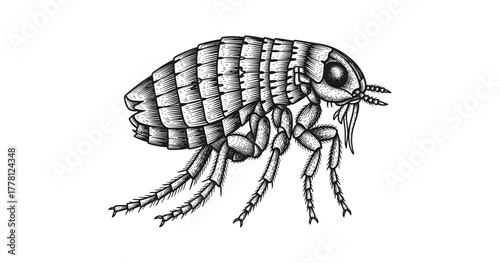 Intricate engraved flea drawing in detailed monochrome style