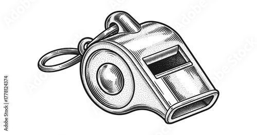 Retro-style engraved whistle art with detailed linework and classic charm