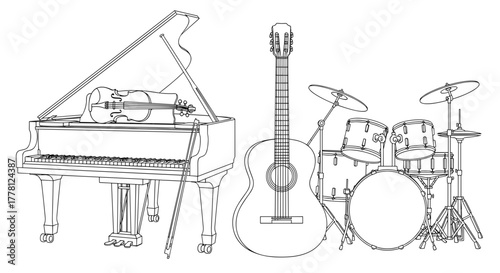 Illustration of a grand piano violin guitar and drum set in black and white