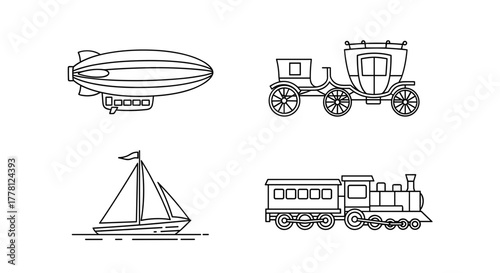 Outline drawing of airship carriage sailboat and train representing transport modes