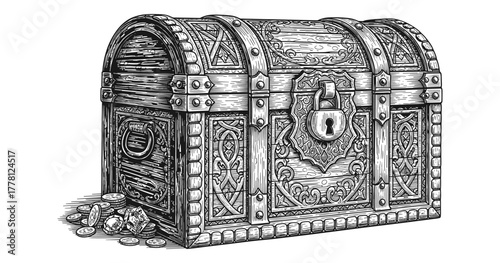 Vintage treasure chest with intricate wood and metal details