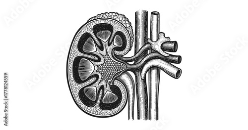 Intricate hand drawn kidney anatomy featuring nephron and renal structure