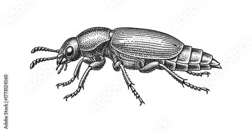 Detailed vintage ink drawing of a beetle in black and white