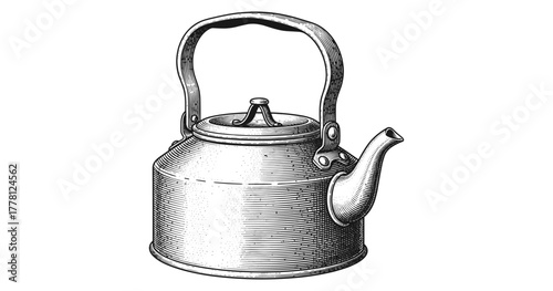 Vintage etched kettle illustration with detailed engraving style