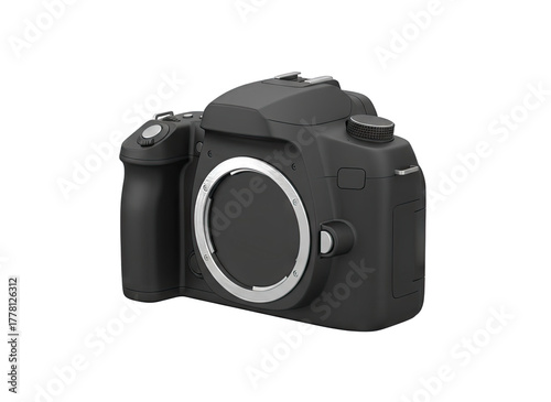 Professional Black Digital Camera Body With Silver Lens Mount Detail View Isolated On Black Background With No Lens Attached Studio Shot