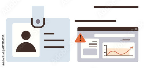 Clip-on ID badge next to a web dashboard with a warning icon and growth chart. Ideal for security, corporate, analytics, data protection, risk management, identity, digital safety. Simple flat