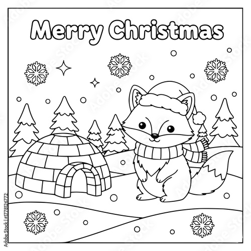 Arctic fox in winter wonderland with igloo and “Merry Christmas,” coloring book page for toddlers Generative AI