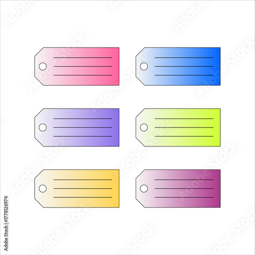 Colorful gradient tags in pink, blue, purple, green, yellow, and rosy purple. Great for planners, notes, and scrapbooks.