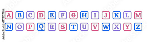 Colorful alphabet inside square shapes. Retro aesthetic for collages, planners, notebooks, and digital crafts.