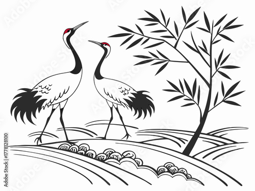 Chinese painting with elegant cranes standing near bamboo plant, showcasing traditional art style with graceful lines and minimalistic design. This artwork depicts harmony and tranquility in nature.
