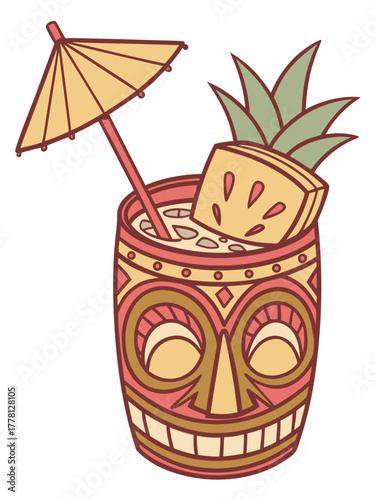 Colorful tiki cocktail in vibrant mug adorned with pineapple and umbrella. This tiki cocktail features refreshing flavors, perfect for summer events or tropical parties.