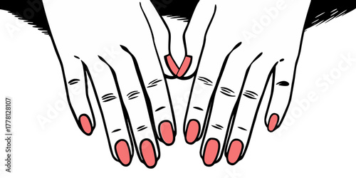 Close-up of manicured hands with pink nail polish resting together on a surface. Elegant manicured hands showcase attention to nail care and grooming, perfect for beauty and self-care concepts.