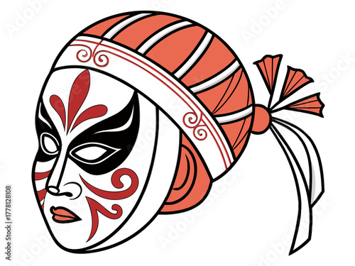 Chinese opera mask with intricate patterns and vibrant colors displayed on white background. Traditional Chinese opera mask features bold designs and unique artistic elements