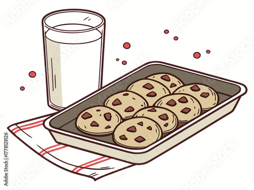 Freshly baked cookies on tray with glass of milk beside them. Delicious cookies sit perfectly arranged on tray with chocolate chips and serve with cold milk, creating a cozy snack time scene.