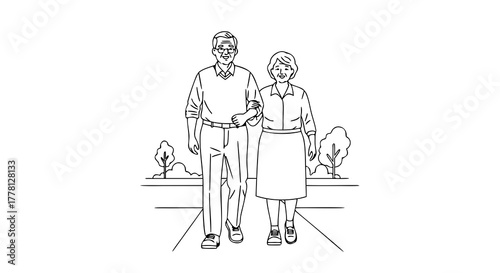 Elderly friends walking together on sunny day, enjoying moments of companionship while strolling in park. Elderly friends share laughter and stories while walking side by side.