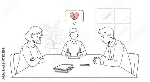 Couple in divorce meeting with emotional counselor guiding discussion and navigating difficult topics.