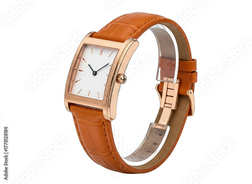 Rectangular Rose Gold Watch with White Dial and Brown Crocodile Leather Strap Isolated on Black Background Professional Studio Shot