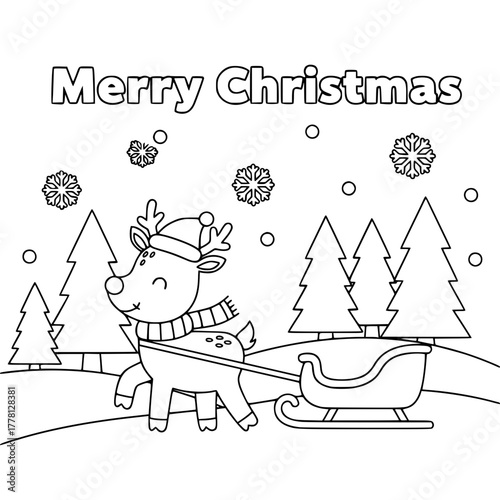 Reindeer in sleigh ride through snowy forest with “Merry Christmas,” coloring book page for toddlers Generative AI