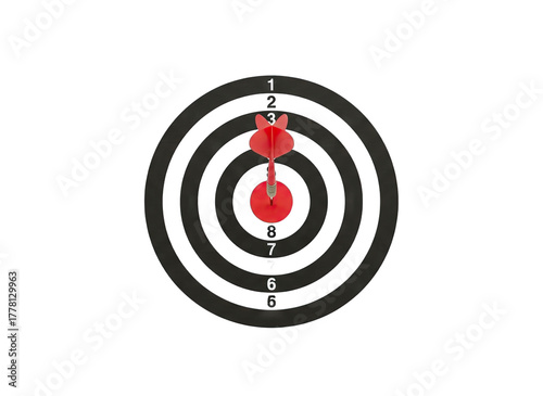 Red Dart Embedded Precisely In The Center Bullseye Of A Black Target Board With White Numbered Rings Against A Transparent Background Representing Accuracy And Success In Competition