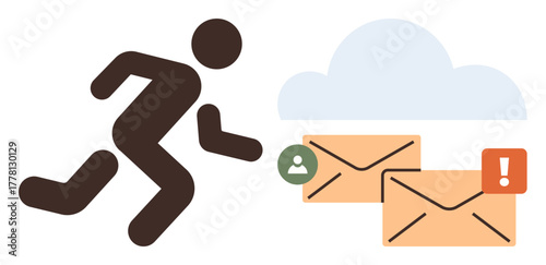 Silhouette running to address email-related tasks with message icons, notifications, and cloud storage. Ideal for communication, mobility, urgency, cloud technology, productivity, workflow