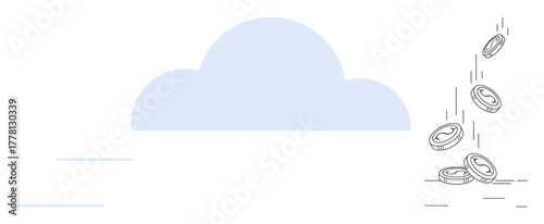 Cloud backdrop with coins falling in motion, representing cost savings, digital economy, online storage, financial technology, and economic productivity. Ideal for fintech, cloud services, savings