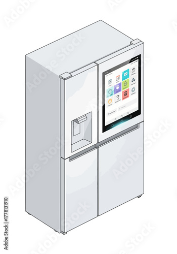 Modern Isometric Vector Illustration of Smart Refrigerator with Touchscreen Interface