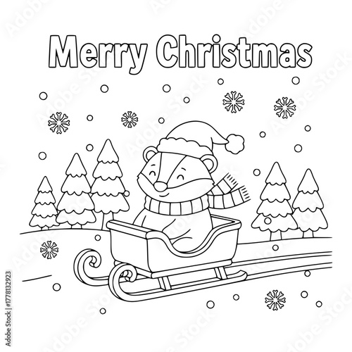 Badger in sleigh ride through snowy forest with “Merry Christmas,” coloring book page for toddlers Generative AI