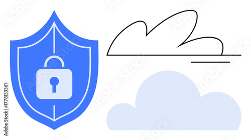 Shield with a lock symbol alongside cloud icons, emphasizing data protection, cybersecurity, and safe cloud storage. Ideal for technology, privacy, data security, cloud computing, online safety