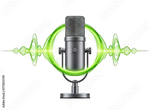 Retro Silver Microphone With Bright Green Sound Wave Display Isolated On Transparent Background Studio Quality Audio Recording Concept