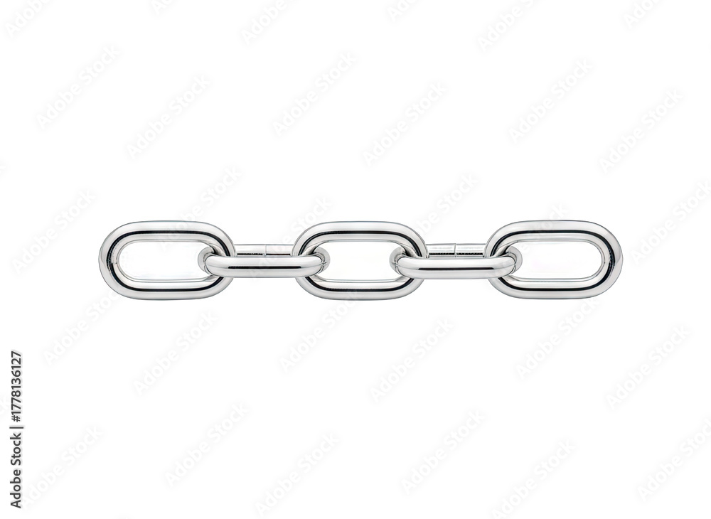 Fototapeta premium Three interconnected silver metallic chain links displayed horizontally against a black background with subtle rainbow reflections on the surface creating a modern abstract design