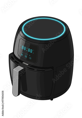 Detailed Isometric Vector Illustration of Matte Black Air Fryer with Blue LED Ring
