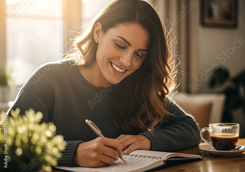 Smiling Woman Journaling at Home with Coffee and Flowers.