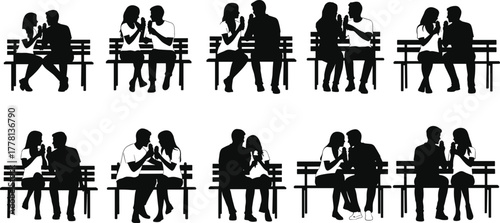 Romantic couple silhouettes sitting on benches, love interaction poses, emotional intimacy, relationship moments, black vector art, social connection