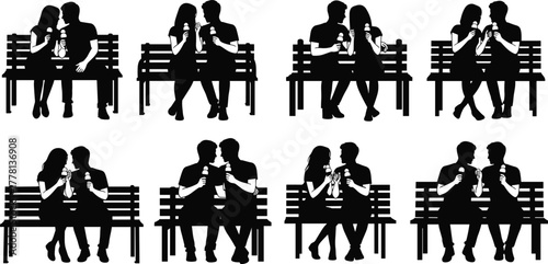 Couple silhouette on bench, romantic pose, shared drink, black figure, intimate moment, love scene, artistic concept, relationship gesture, peaceful vibe, togetherness