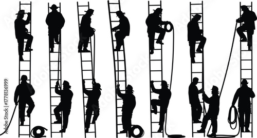 Silhouette workers climbing ladders, rope coordination teamwork, rescue training action, construction effort, occupational safety, uniformed men, physical labor, teamwork scene