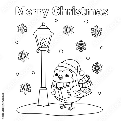 Robin caroling under lamppost with “Merry Christmas,” coloring book page for toddlers Generative AI