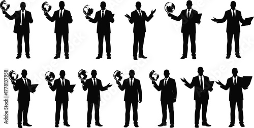 Businessman silhouette, corporate pose, global concept, professional attire, teamwork gesture, document holding, leadership icon, business communication, international strategy, success symbol
