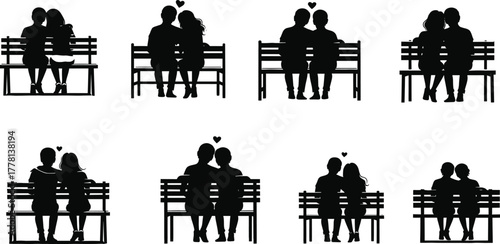Couple silhouette, romantic bench pose, love gesture, heart symbol, emotional connection, relationship moment, affectionate sitting, black shadow art, intimacy scene