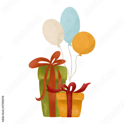 Gift boxes and balloons are a festive watercolor composition in autumn colors. They are yellow, green and blue, highlighted on a white background. It is a design element for printing, childrens prints