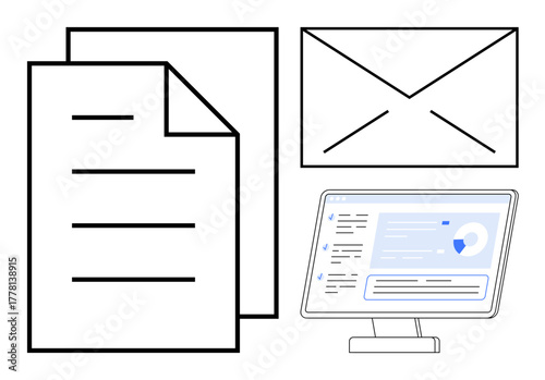 Papers beside an envelope and analytics displayed on a computer screen. Ideal for communication, organization, email marketing, automation, office workflow, document sharing, simple flat metaphor