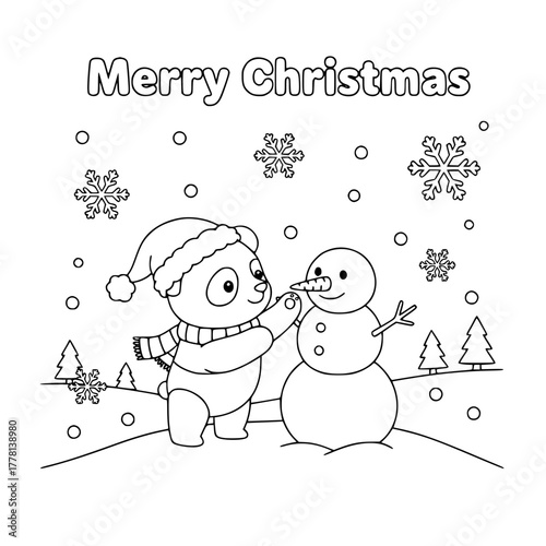Panda cub building snowman with “Merry Christmas,” coloring book page for toddlers Generative aI