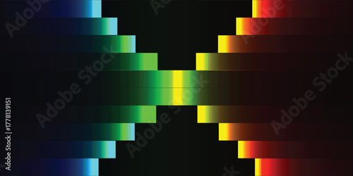 Abstract symmetrical light spectrum with stepped rainbow colors from blue to red on a black background.