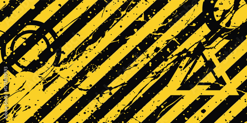 A distressed industrial background featuring diagonal yellow and black warning stripes, splattered with black grunge and abstract symbols.