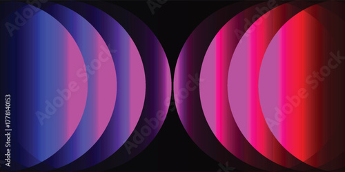 Abstract symmetrical design with glowing blue and red overlapping circles on a black background.