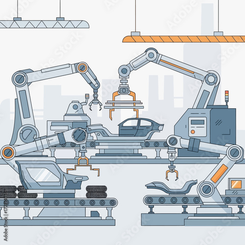 Automated Car Production Line with Robotic Arms.