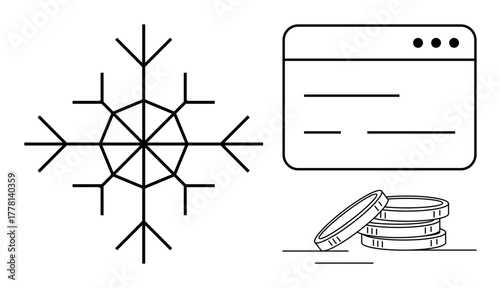 Snowflake alongside browser window and stack of coins symbolizing data, technology, and financial innovation. Ideal for fintech, data storage, cryptocurrency, cloud computing, finance, modernization